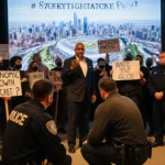 Protesters confront Mayor Rex Richardson with signs reading Economic Growth at What Cost and Homelessness Matters while polic