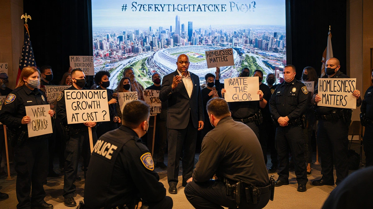 Protesters confront Mayor Rex Richardson with signs reading Economic Growth at What Cost and Homelessness Matters while polic