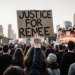 Woman holding a sign reading Justice for Renee with candles lit near blurred city skyline during protest.