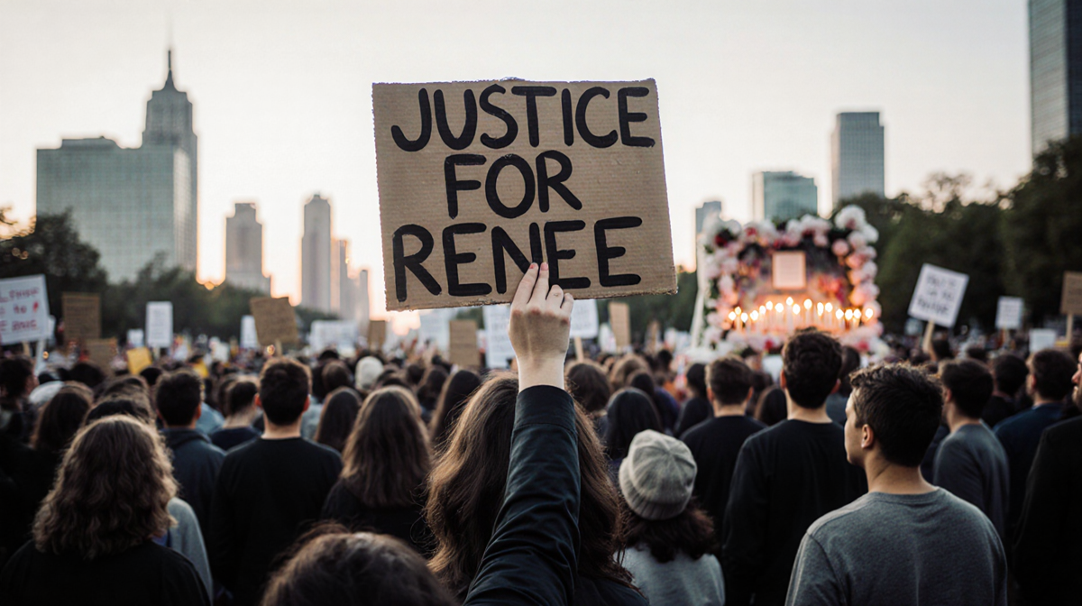 Woman holding a sign reading Justice for Renee with candles lit near blurred city skyline during protest.