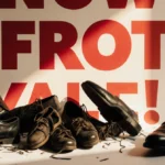 Protest sign with red letters stands above scattered black shoes with dramatic shadows showing violent crackdown