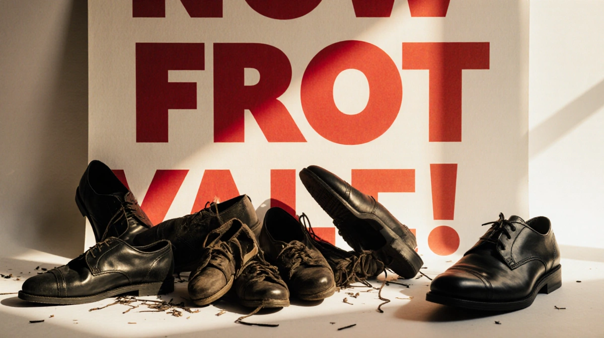 Protest sign with red letters stands above scattered black shoes with dramatic shadows showing violent crackdown