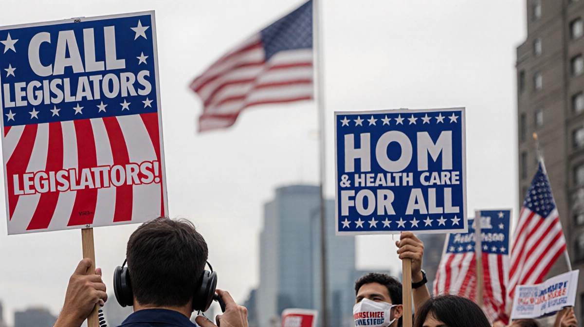 Person making landline call with protest signs showing red white blue unity and a mask demanding health care