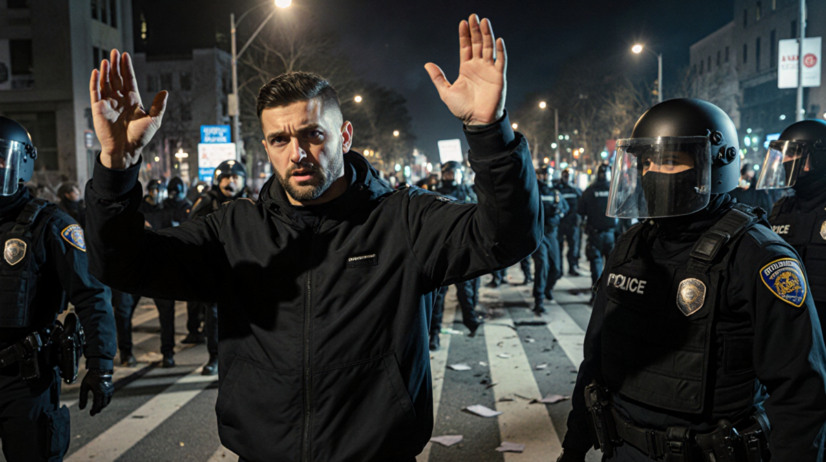 Protester raising hands in surrender with police presence and chaotic backdrop.