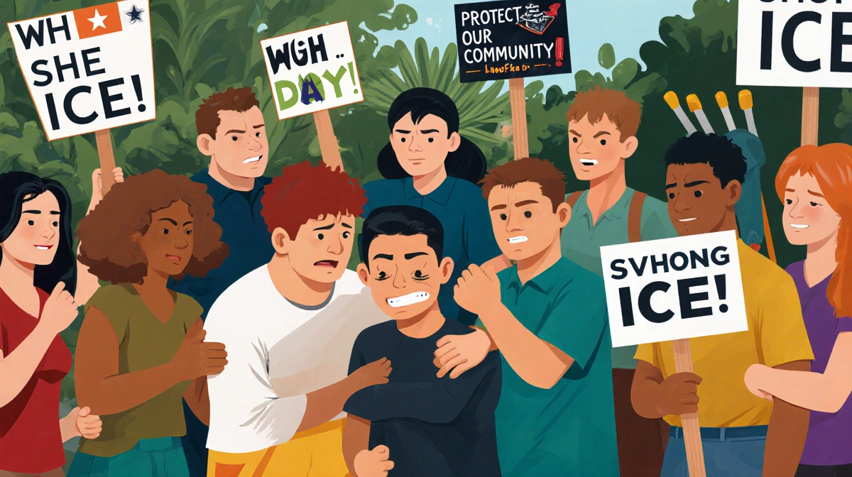 Protesters hold Stop ICE signs around hesitant landscaper with gardening tools visible behind