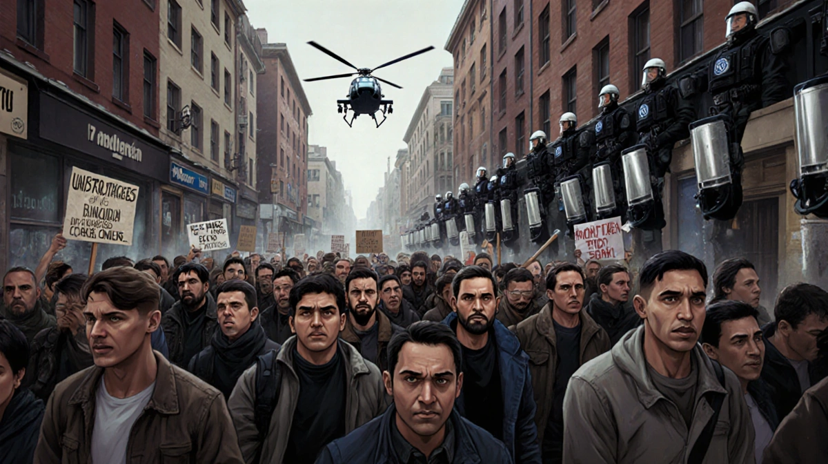 Protesters march through narrow street with police helicopter overhead and riot officers forming barricade