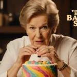 Prue Leith touches a colorful swirl-decorated cake with the Great British Baking Show logo behind her