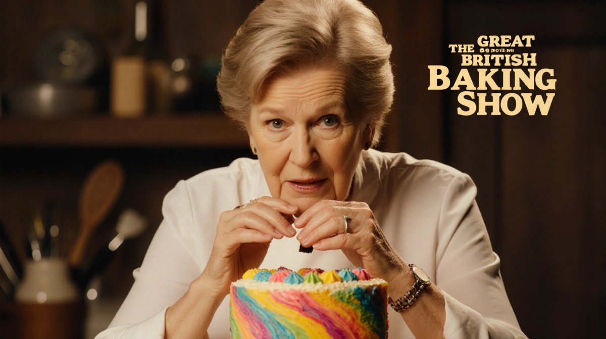 Prue Leith touches a colorful swirl-decorated cake with the Great British Baking Show logo behind her