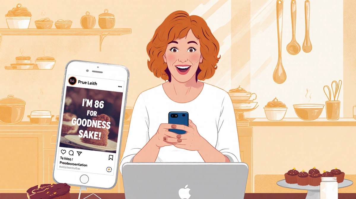 Prue Leith smiling at phone showing Instagram post with baking bowls and utensils on table