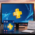 Gaming desk shows PS Plus logo on screen with colorful discount cards and planner notes in foreground