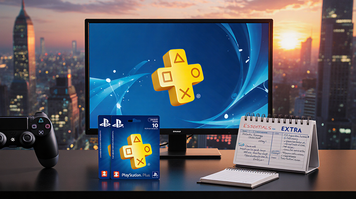 Gaming desk shows PS Plus logo on screen with colorful discount cards and planner notes in foreground