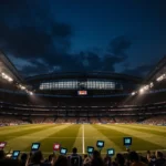 PSG fans cheer at Parc des Princes stadium with glowing signs and golden pitch lights