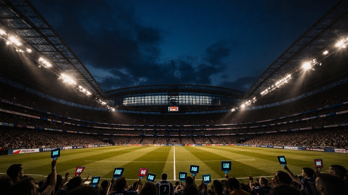 PSG fans cheer at Parc des Princes stadium with glowing signs and golden pitch lights
