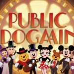 Cartoon characters stand together with film reel and vintage camera under golden nostalgic lighting and Public Domain text