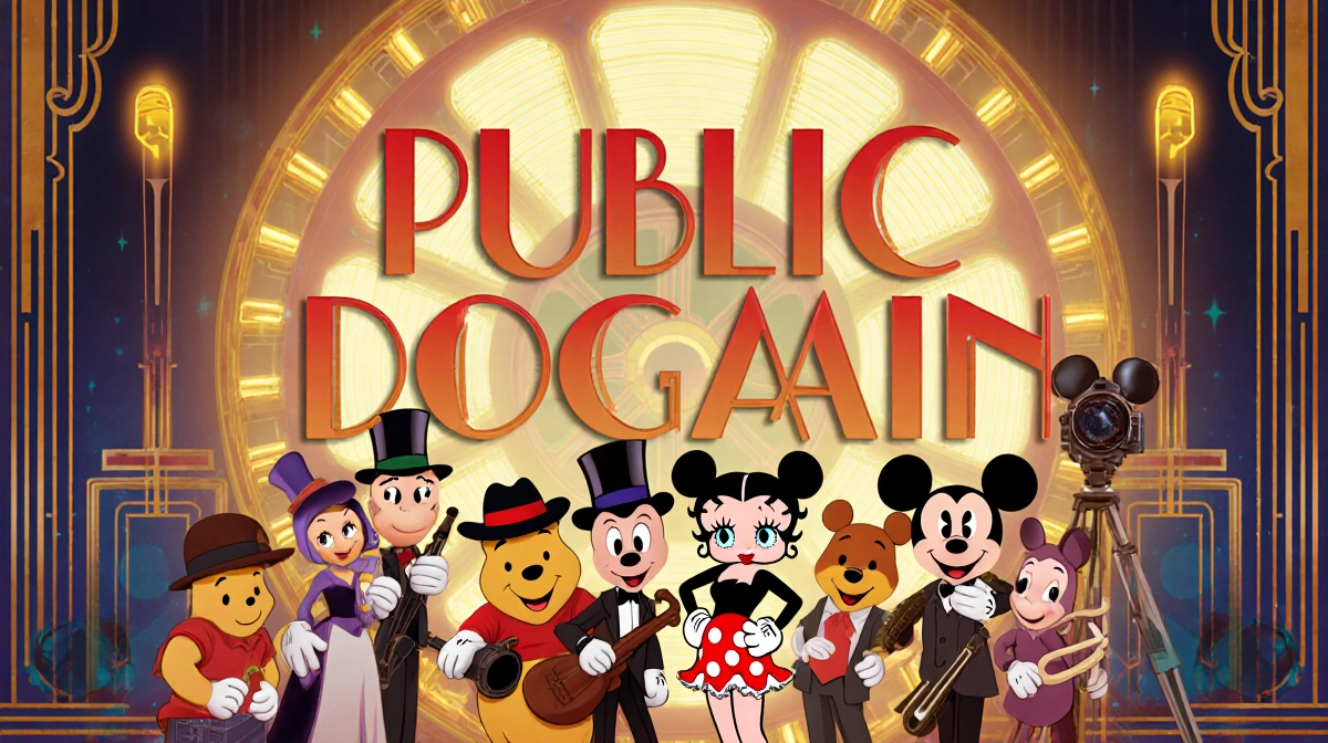 Cartoon characters stand together with film reel and vintage camera under golden nostalgic lighting and Public Domain text