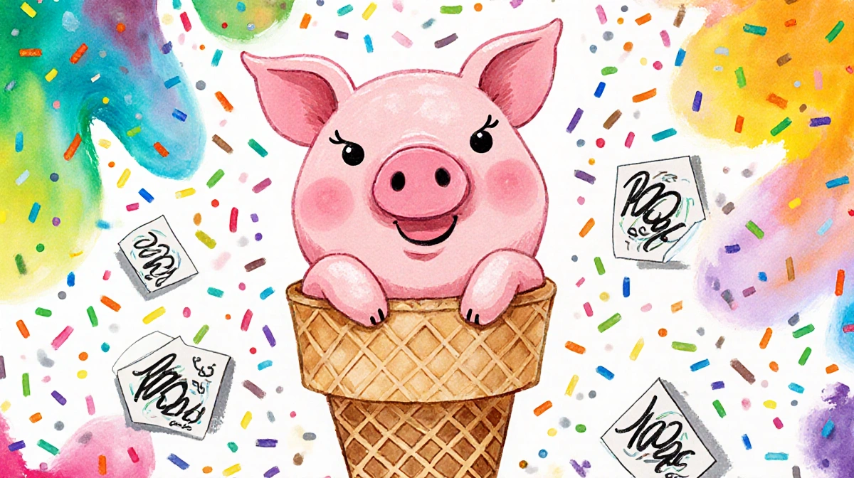 Puddles the Pig sits happily on an ice cream cone with colorful swirls and sprinkles in playful doodle style