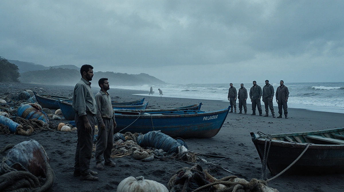Two fishermen standing near their boats with drug traffickers watching from the beach and fishing gear scattered on the sand