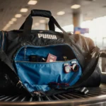 Worn Puma Evercat duffel bag sits on airport carousel with passport and sunglasses spilling from open zipper