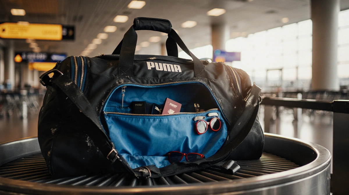 Worn Puma Evercat duffel bag sits on airport carousel with passport and sunglasses spilling from open zipper