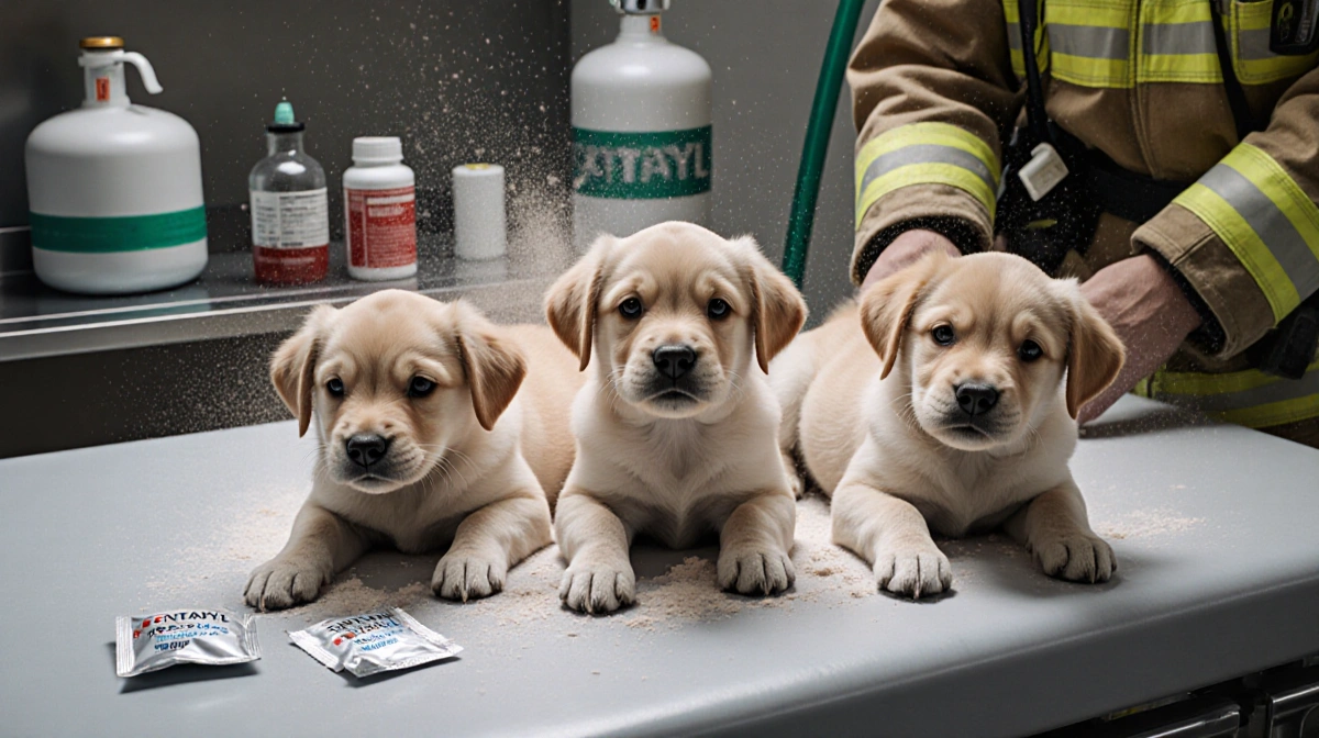 Three puppies receiving emergency veterinary treatment with medical equipment and fentanyl packets visible nearby