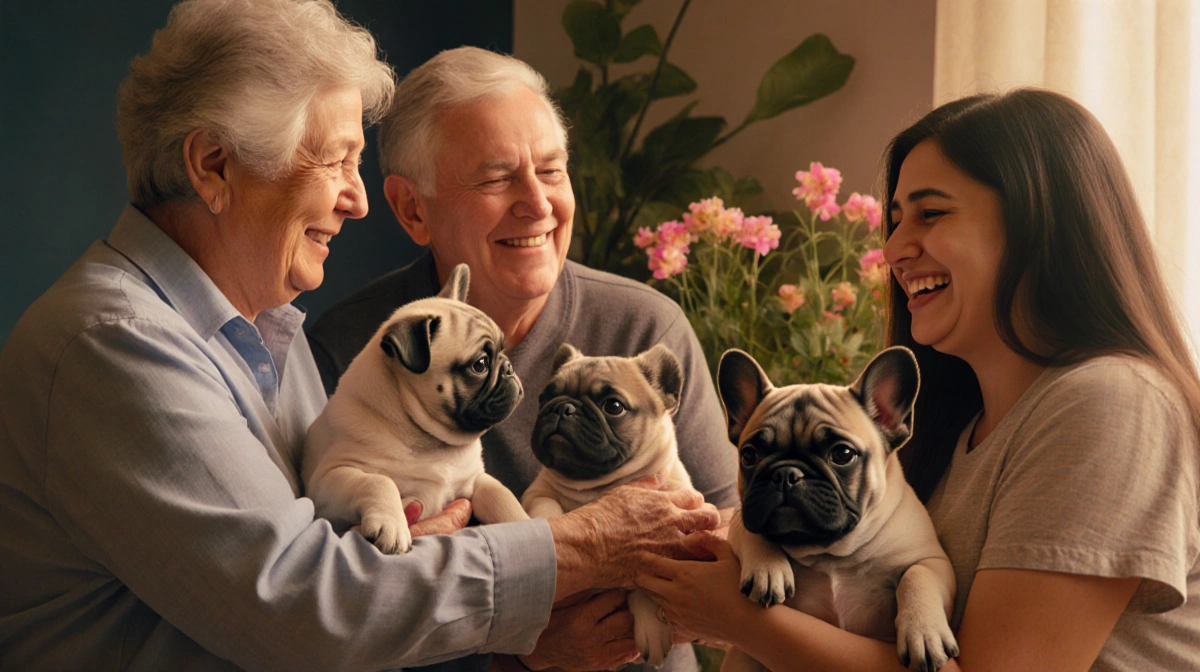 Katherine and Ralph Fuentes present two cane corso puppies to Lopez with warm lighting and a flowering plant symbolizing hope