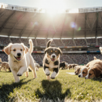 Puppies running across a sun-drenched indoor football field with wagging tails and playful piles.