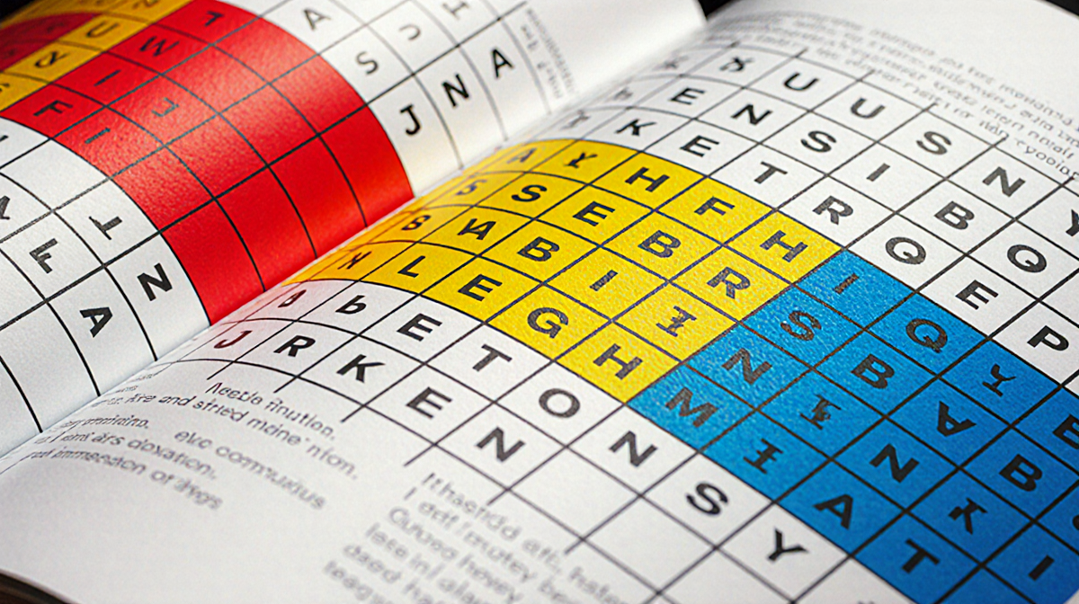 Puzzle book page showing a vibrant grid overlay with color-coded hints and faint letters inside each section