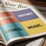 Puzzle book on wooden table shows four themed sections with colorful answers while morning light on warm grid background.