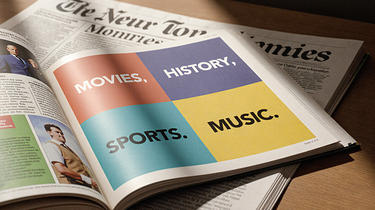 Puzzle book on wooden table shows four themed sections with colorful answers while morning light on warm grid background.