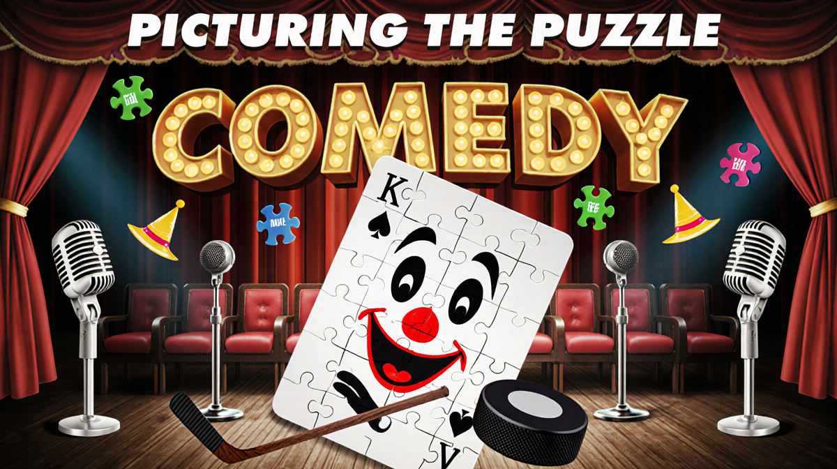 Jigsaw joker piece popping with comedy text and club seats while a hockey stick and puck weave into the scene