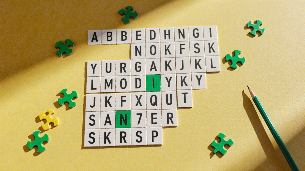 Puzzle grid displays letters and numbers with bright yellow background and scattered green and yellow puzzle pieces