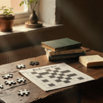 NYT Mini Crossword puzzle sits on a worn wooden table with scattered pieces and warm golden light