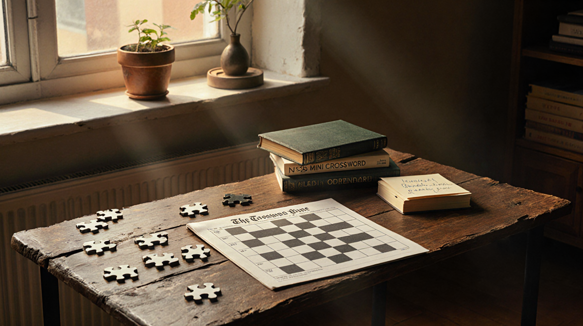 NYT Mini Crossword puzzle sits on a worn wooden table with scattered pieces and warm golden light