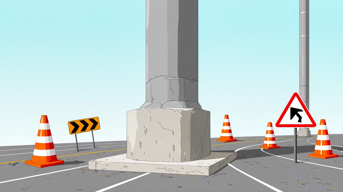 Empty pylon foundation sits exposed with concrete base and construction cones showing roadway modernization progress