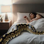 Large carpet python sliding across bed with woman sleeping nearby and morning light streaming through window