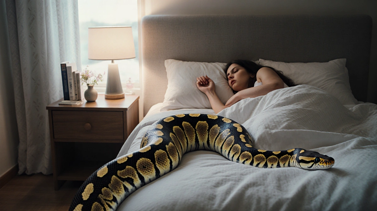 Large carpet python sliding across bed with woman sleeping nearby and morning light streaming through window