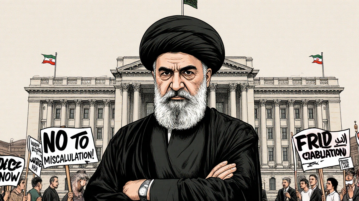 Mohammad Baqer Qalibaf stands with crossed arms in front of Iranian Parliament building with protest banners showing 'No to M