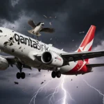 QantasLink plane flying with bird strike damage on wing and lightning flashing in stormy sky