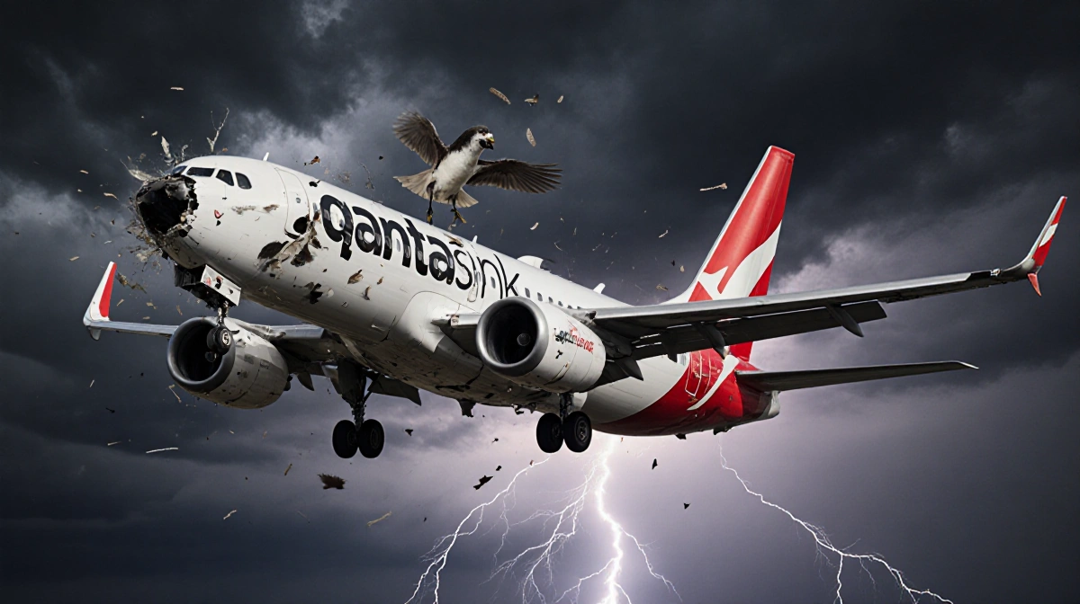 QantasLink plane flying with bird strike damage on wing and lightning flashing in stormy sky