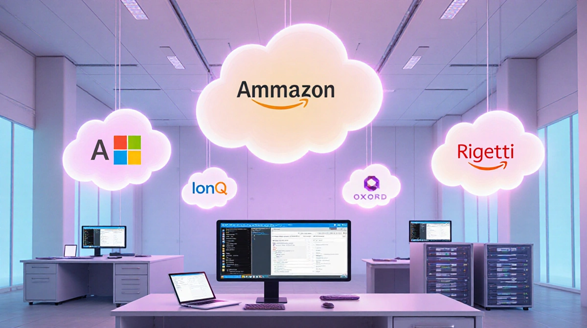 Futuristic laboratory shows glowing cloud orbs above workstations with quantum computers displaying software applications and