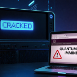 Quantum Computer projecting CRACKED message with glowing laptop warning QUANTUM ATTACK IMMINENT and blue lighting