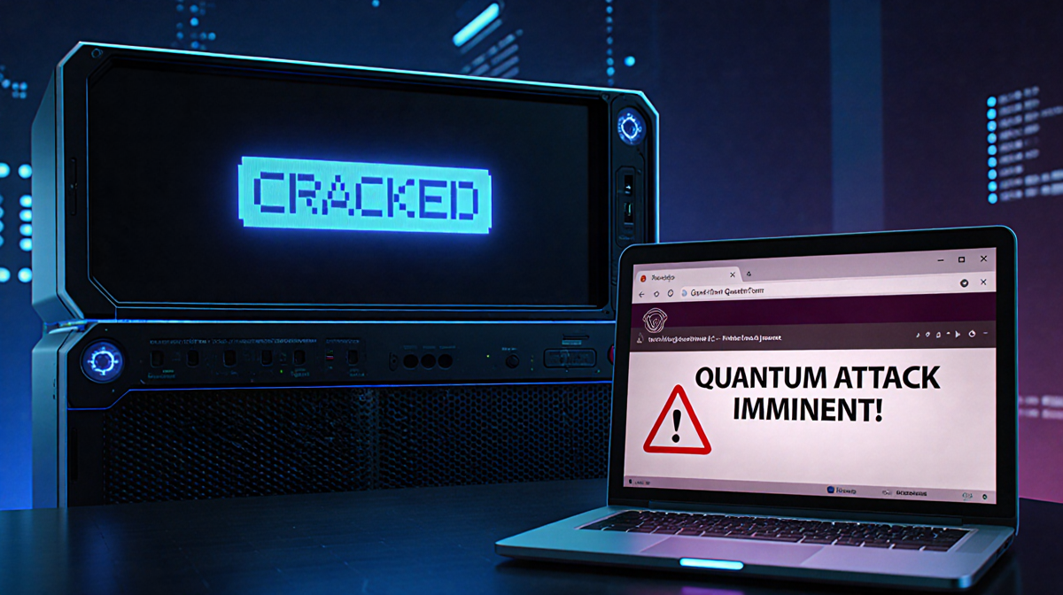 Quantum Computer projecting CRACKED message with glowing laptop warning QUANTUM ATTACK IMMINENT and blue lighting