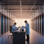 Technicians in lab coats monitor quantum computer servers with glowing fiber-optic cables at Quantinuum lab