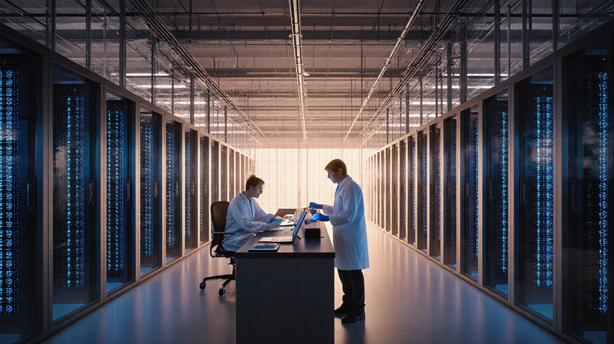Technicians in lab coats monitor quantum computer servers with glowing fiber-optic cables at Quantinuum lab