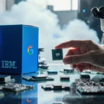 Developer examining quantum chip with IBM blue boxes and Google cloud infrastructure visible in futuristic lab