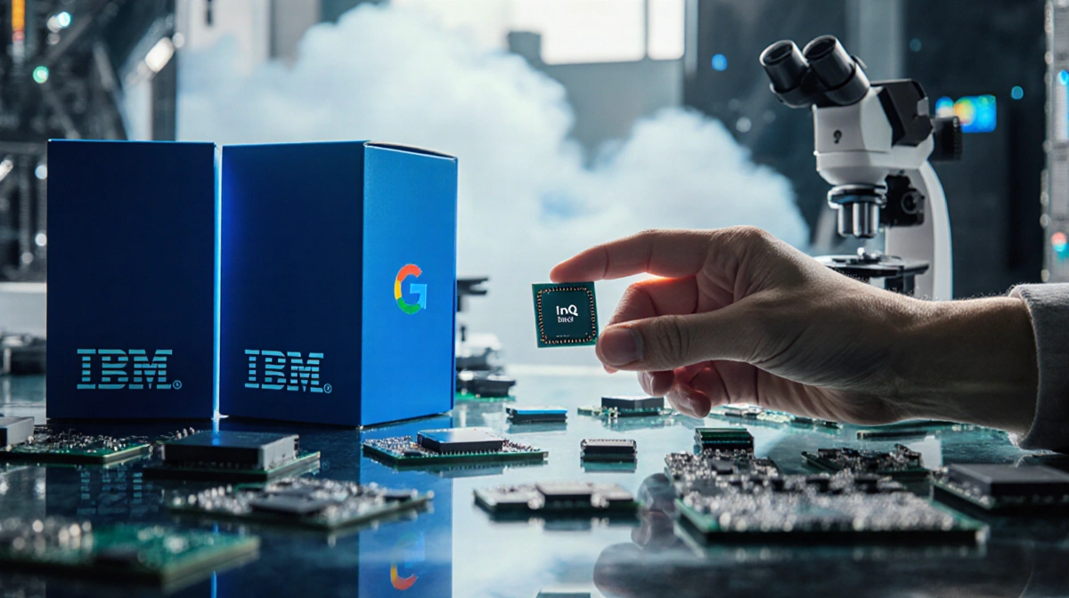 Developer examining quantum chip with IBM blue boxes and Google cloud infrastructure visible in futuristic lab
