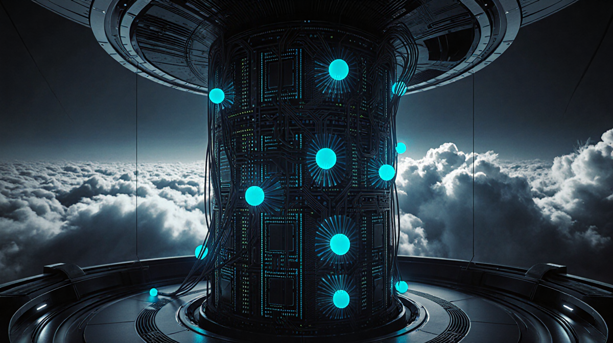 Cylindrical quantum computer glowing with blue qubits and eerie cloud glow in futuristic laboratory
