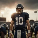 Quarterback wearing number 10 leads football huddle with teammates and end zone glowing behind