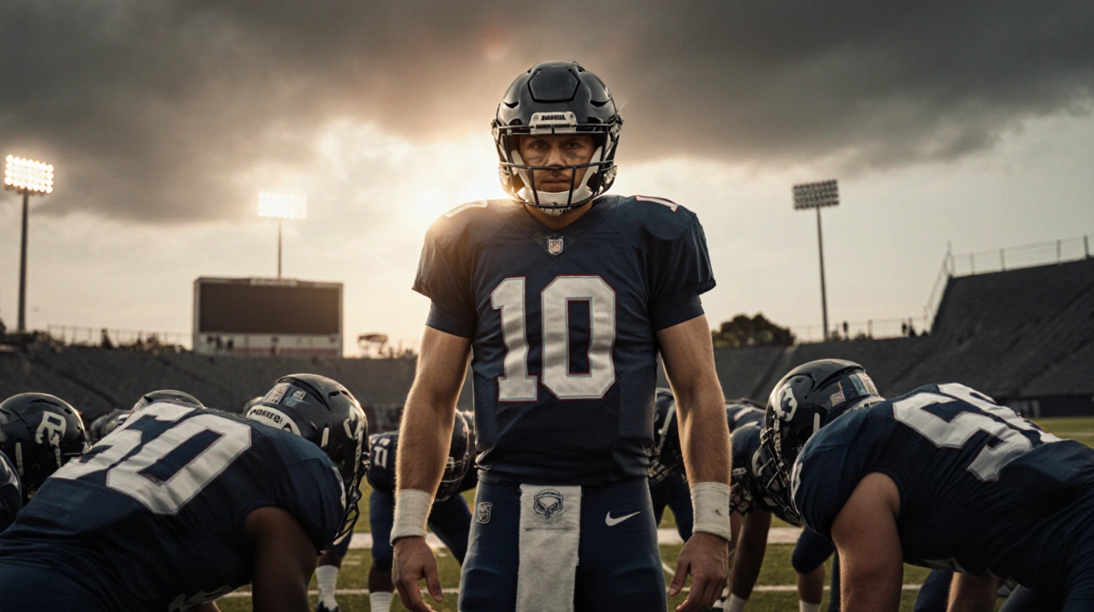 Quarterback wearing number 10 leads football huddle with teammates and end zone glowing behind
