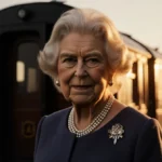 Queen Camilla stands confidently before a vintage train carriage with a muted London sunset in the background.